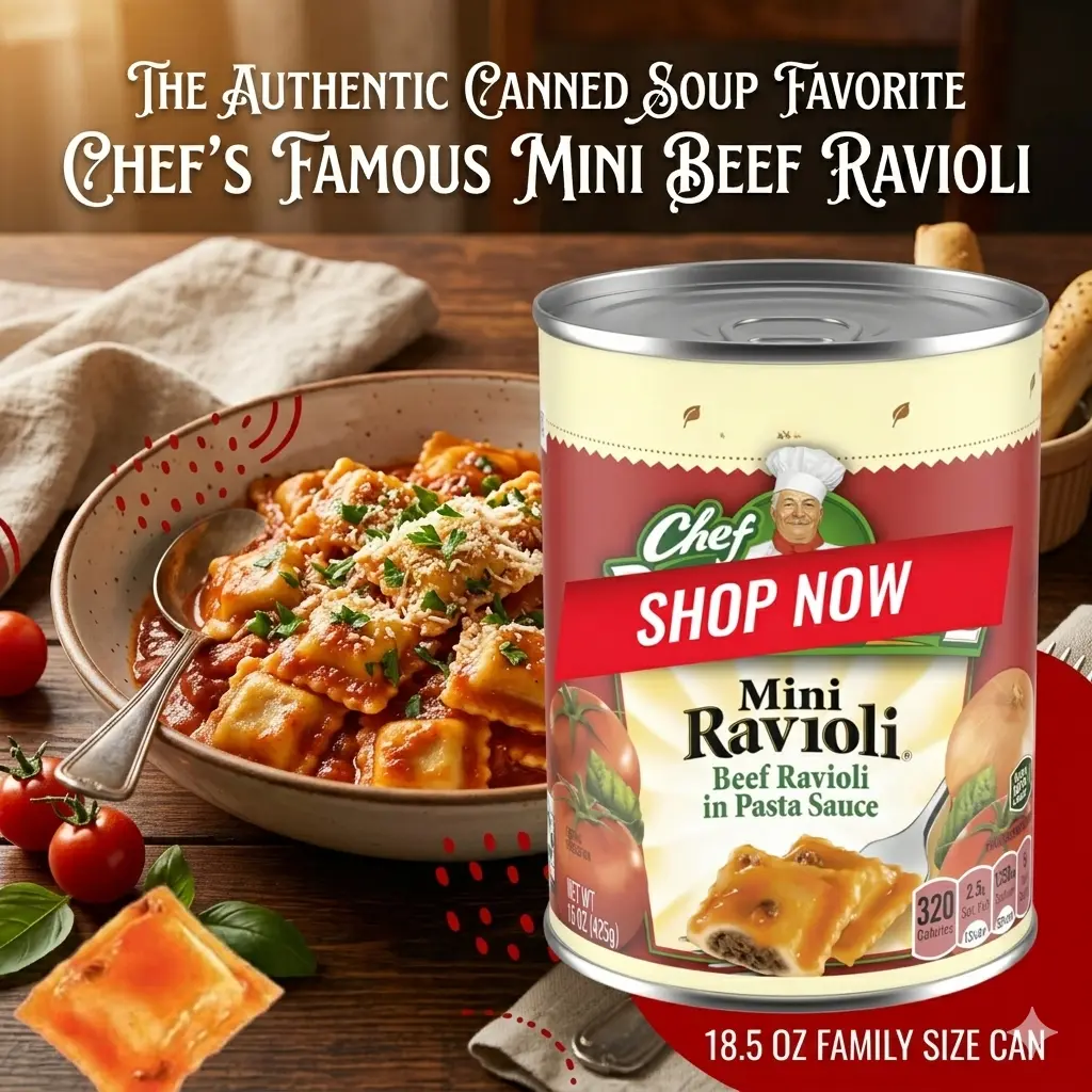 Mini Beef Ravioli in Tomato Sauce, Microwave Ready Pasta Meal, Canned Food Quick Lunch or Dinner, 15 oz
