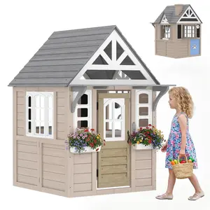 Qaba Outdoor Playhouse, Wooden Kids Playhouse with Dog Door, Kids Cottage with Cookware, Planter Box, Bell, Blackboard, Clock for Backyard Garden, Indoor Playroom Imaginative Play for Ages 2+, Gray