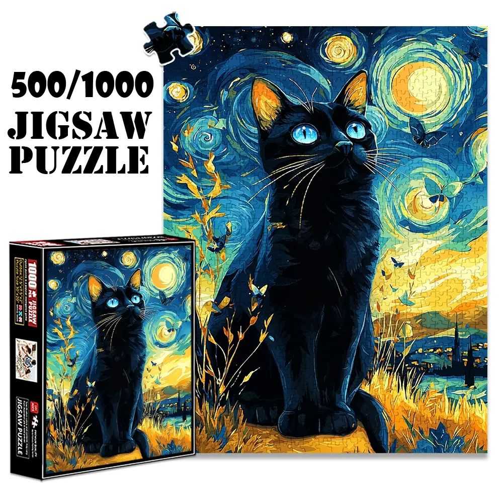 1pc 1000 piece adult puzzle 70x50cm Black Cat under Starry Night with Butterflies 500 pieces of paper jigsaw puzzle, suitable for adults and families, large-scale DIY puzzle interactive toy games,