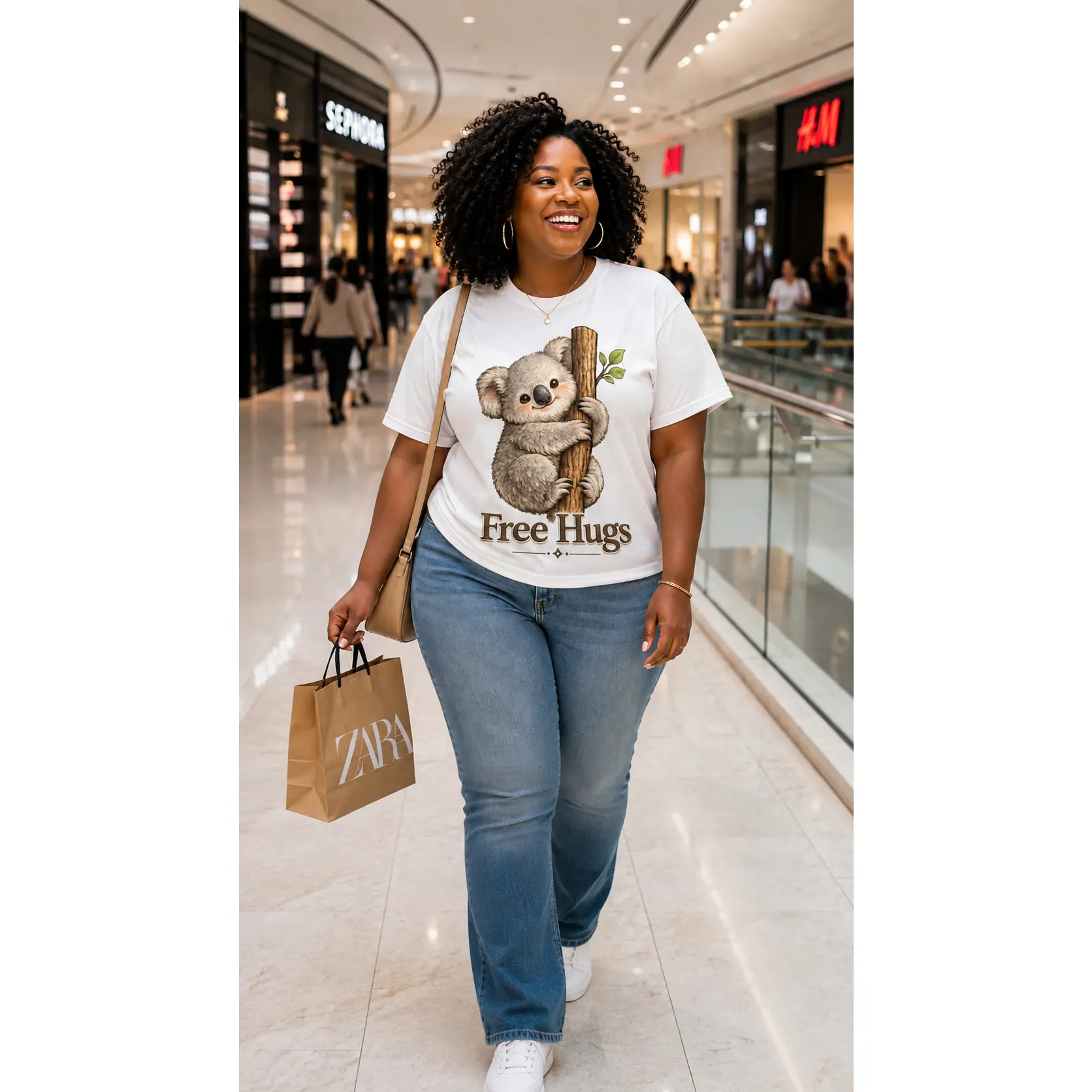 Free Hugs Koala T-Shirt | Cute Animal Graphic Tee for Women