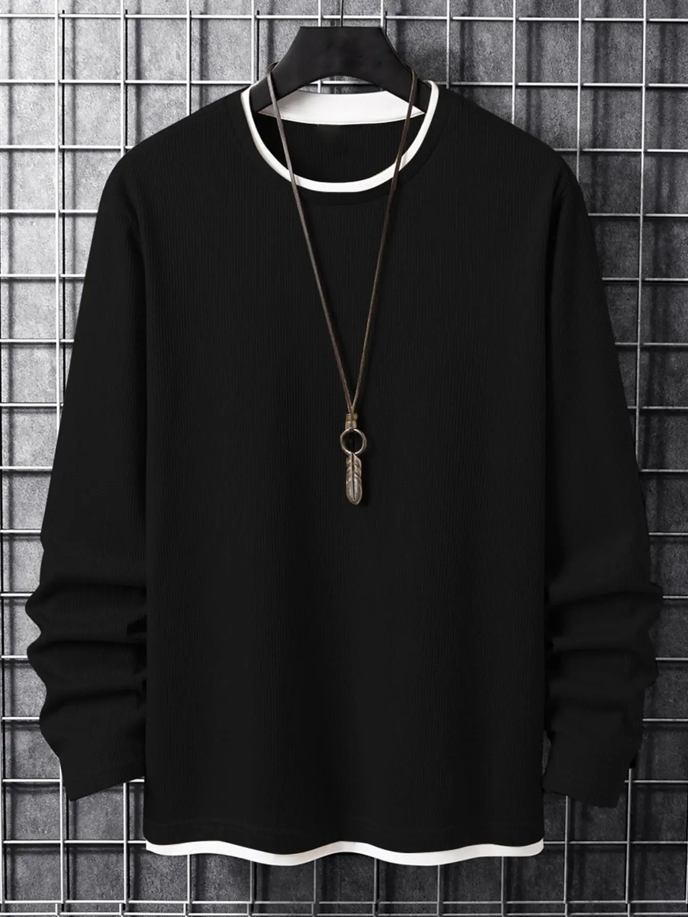 Men's Plain 2 IN 1 Contrast Binding Round Neck Long Sleeve Tee, Casual Regular Fit Basic Crew Neck T-shirt for Fall & Winter, Men's Clothes for Daily