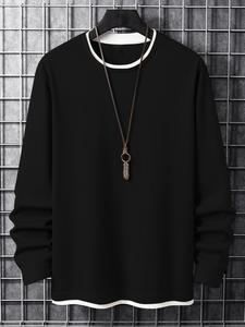 men's stylish plain 2 in 1 contrast binding round neck long sleeve tee, casual regular fit basic crew neck longsleeves t-shirt for fall & winter, men's t shirts, men's clothes for daily wear, men tops, menswear