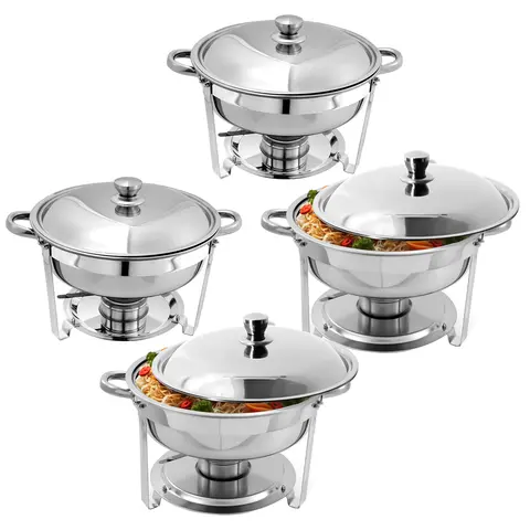 Round Shape Stainless Steel Chafing Dish Buffet Set - 4-Piece 5QT Food Warmer Kit with Lids, Food Pans, Water Pan, Fuel Holders for Restaurant Catering, Four Pieces
