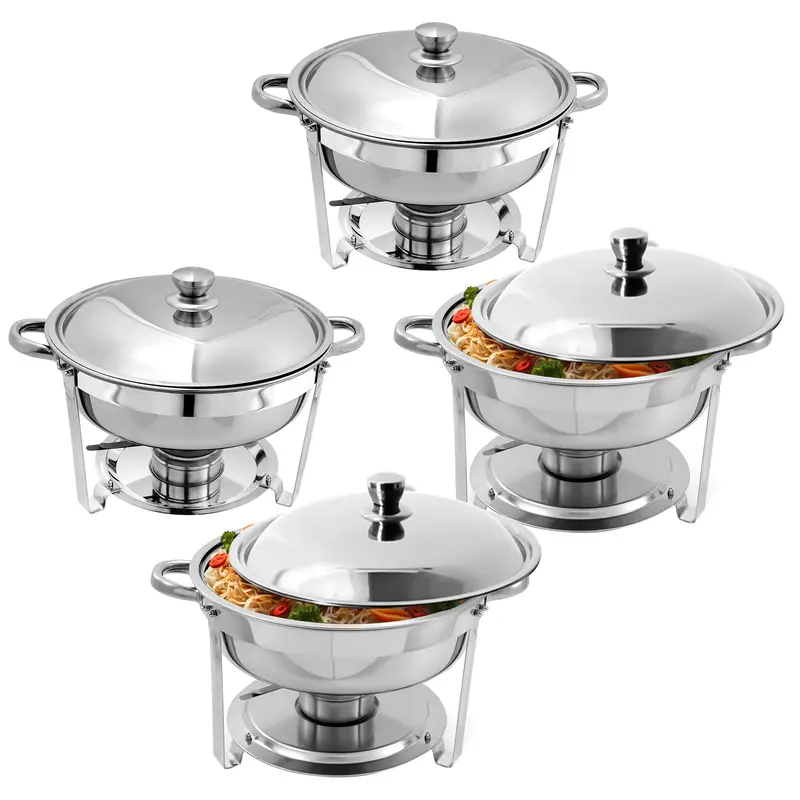 Round Shape Stainless Steel Chafing Dish Buffet Set - 4-Piece 5QT Food Warmer Kit with Lids, Food Pans, Water Pan, Fuel Holders for Restaurant Catering, Four Pieces