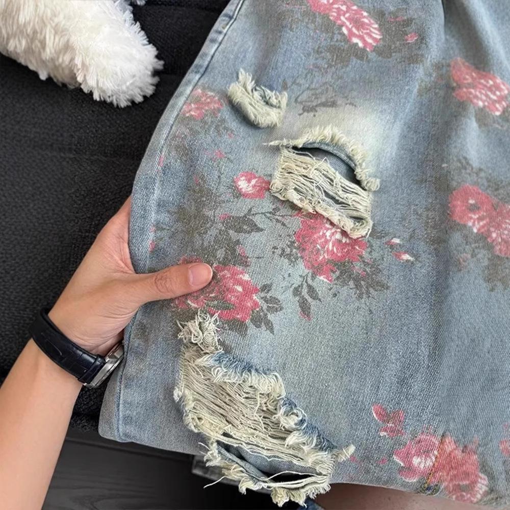 Vintage Cute High Waisted Straight Leg Jeans Casual Y2K Flower Printed Fringe Ripped Streetwear Denim Pants
