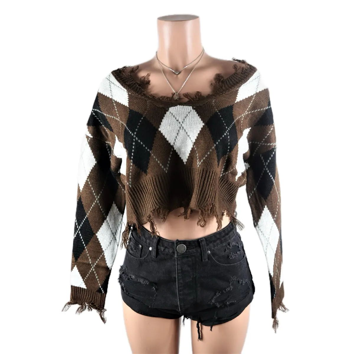 Brown Argyle Sweater Long Sleeve Knitwear