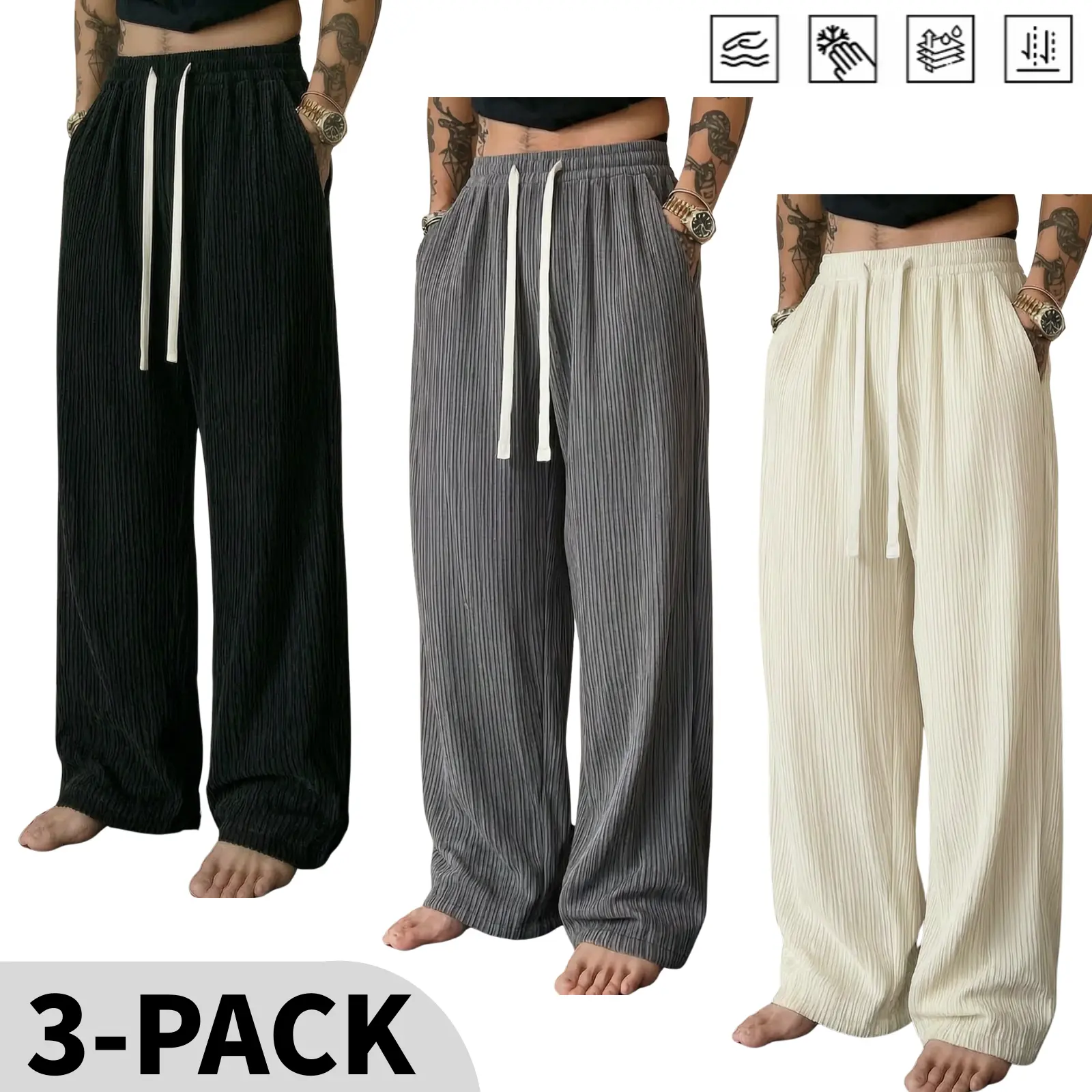 Men’s corduroy casual pants, 3-piece set, long length, vertical stripe pattern, versatile