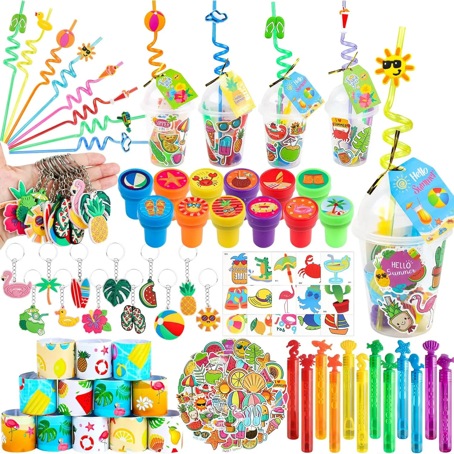 146 pcs Pool & Beach Party Favors for Kids – Cups with Silly Straws Bulk Set, Summer Birthday Party Supplies, End of School Year Classroom Gifts, Fun Goodie Bag Stuffers for Students