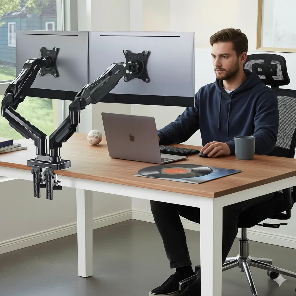 HUANUO Dual/Single Monitor Stand - Grommet Mounting Base for 13''-32'' Screens - Each Arm Holds 4.4 to 19.8lbs-Full Adjustable Monitor Desk Mount Swiv