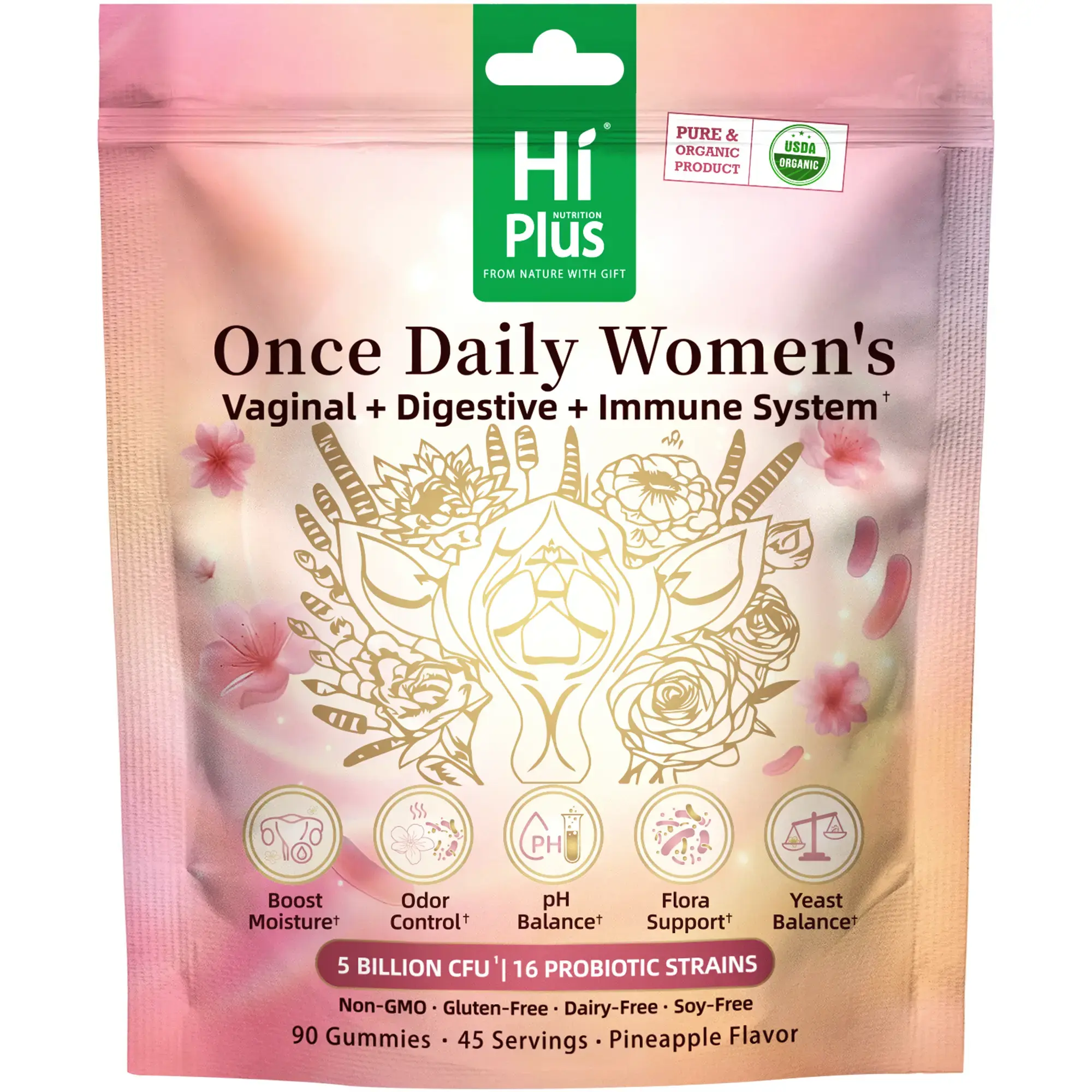 HiPlus Women's Natural Probiotic Gummies with Prebiotic Fiber - 16 Strains, 5B CFU, Pineapple Flavor, Coconut Oil - Gluten/Dairy/Soy-Free - Gut Support, pH Balance, Odor Control - 90 Count, Daily Supplemental Nutrition Support, Better for You Candy, Natur