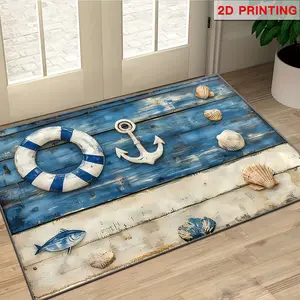 Nautical Blue and White Seashell Pattern Doormat, Non-slip and Washable Entrance Mat, Suitable for Doorways, Kitchens, Bathrooms, Showers, Farmhouses, Porches, Garages, Offices, and Patio Decoration, Furniture Decoration