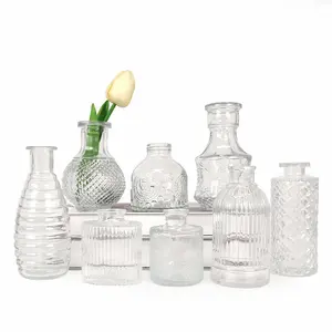 8 Glass Bud Vases, Clear, Vintage Style, Lightweight, Embossed Patterns - Mini Flower Vases For Home Decor, Wedding, Table Centerpieces, Gifts