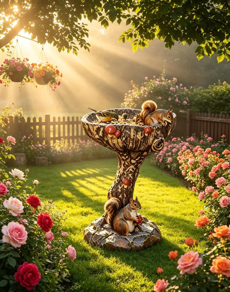 Resin Bird Bath Feeder, Outdoor Garden Decor with Faux Tree Trunk Pedestal, Heavy-Duty Ground Stand Basin, Mushroom Ornament for Patio Yd, Pet Lover Gift, Landscape Art, Wild Squirrel Feeder Bowl, Backyard Pathway Decoration, Mother’s Day Present