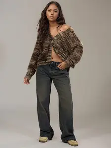 Women's Striped Knit Cardigan, Loose-Fitting Y2K Style, Fall & Winter Fashion, Casual Daily Everyday Wear, Comfortable Streetwear Accessory, Knitwear, Womenswear Piece