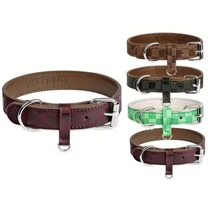 Soft Leather Dog Collar for Small and Medium Dogs Durable Adjustable Odor Proof PU Plaid Pet Collars with Rust-Proof Metal Buckle
