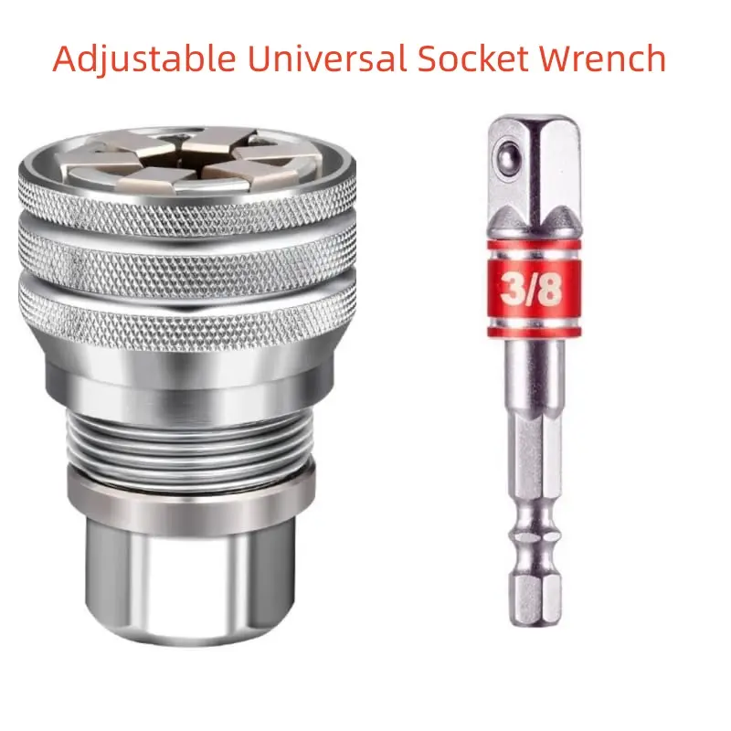 Standard Heavy Duty Adjustable Socket Wrench with Adapter, 3/8"-3/4" Range, Ergonomic Design High-Strength Alloy Sleeve for 3/8" Drive Ratchet Torque Wrench, Power Drill, Construction, Automotive Use