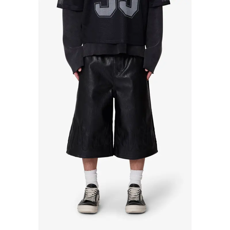 mnml Ultra Baggy Leather Flame Shorts - Black