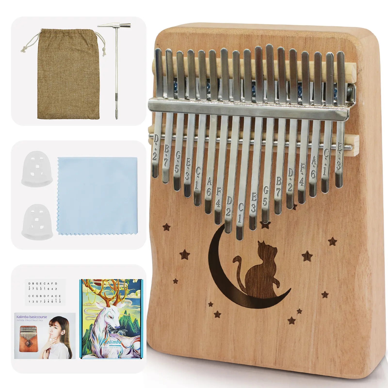 17-Key Kalimba Thumb Piano, Wooden Portable Finger Piano for Beginners, Kids & Adults, Music Gift Set with Tuning Hammer, Carry Bag & Cleaning Cloth