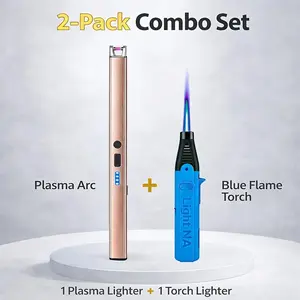 2pcs Combo Lighters Set - USB Rechargeable Plasma Arc Lighter + Windproof Jet Torch Lighter, Safety Lock, for Candles, Bbq, Camping & Gifts (Butane Not Included)