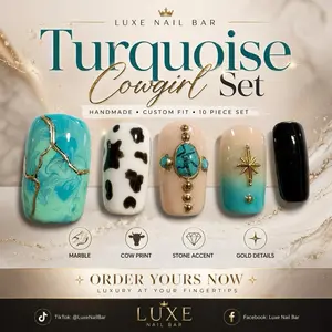 Luxe Nail Bar Turquoise Cowgirl Set - Handmade Custom Fit 10 Piece Set with Marble Cow Print Stone Accent & Gold Details