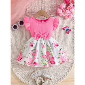 [1pc Floral Print Ruffle Sleeve Dress] Spring/Summer Floral Print Ruffle Sleeve Dress for Girls, Casual Crew Neck, Polyester Knit Fabric with Slight Stretch, Regular Fit, with Bow Detail, for Ages 12 and Under
