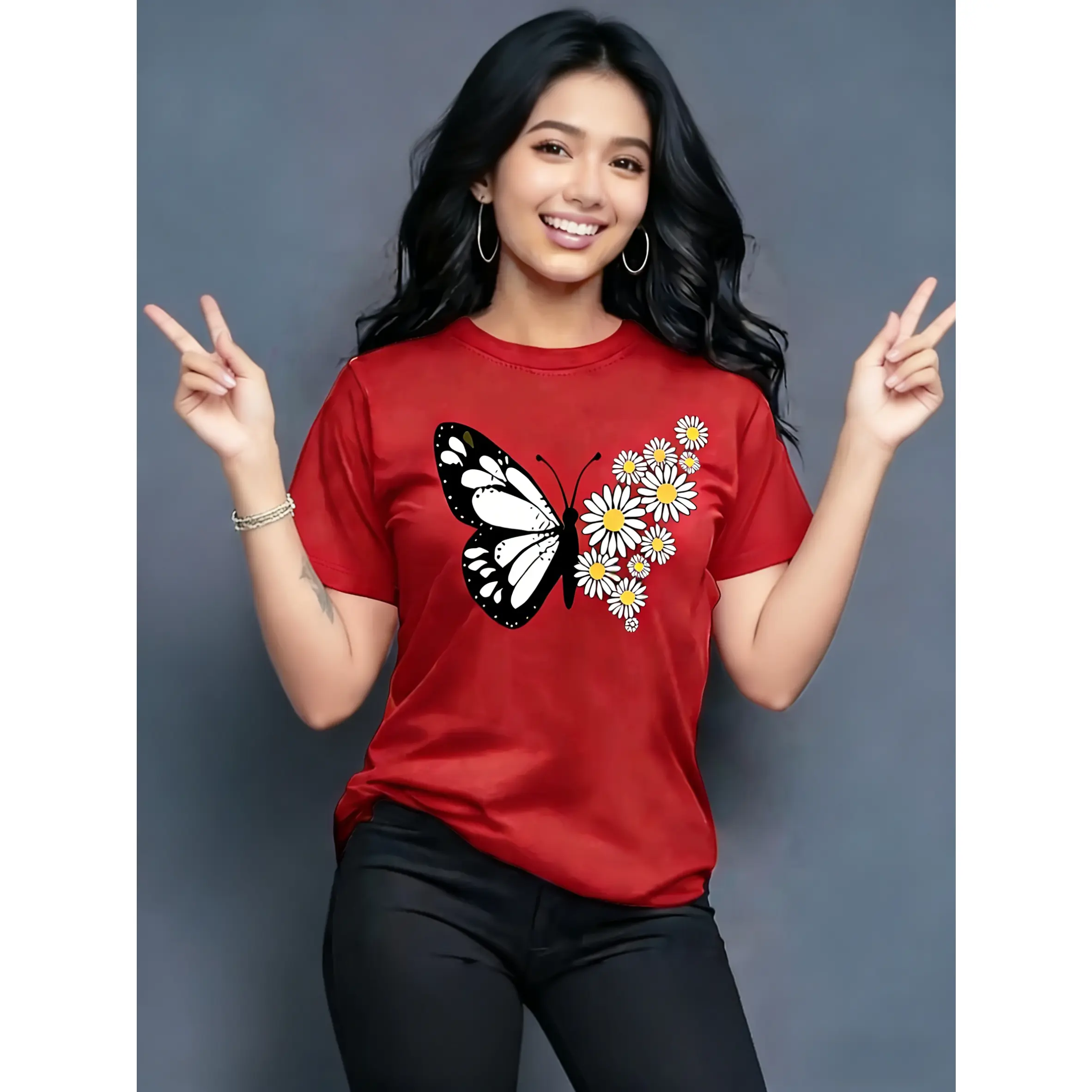 Women's 100% Pure Cotton Smooth Fabric Short-Sleeve Round Neck Graphic T-Shirt - Butterfly and Flower Design, Flattering Fit, Fashion Casual Top, Birthday Gift, Travel Vacation