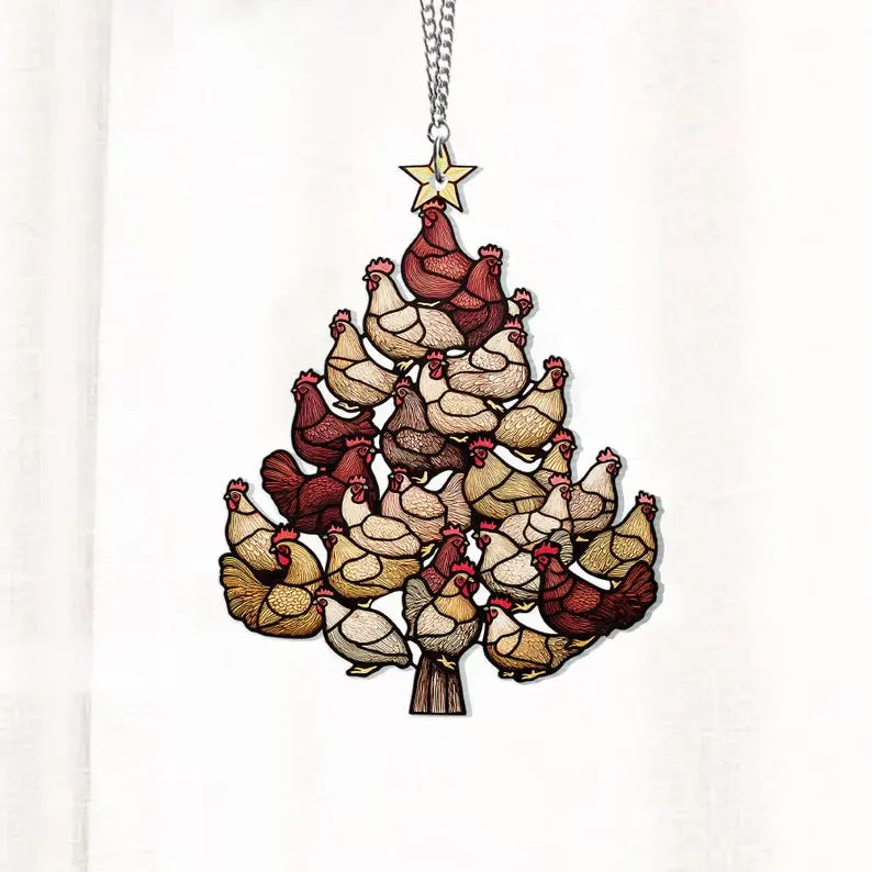 Christmas Chicken Tree Suncatcher Acrylic, Christmas Tree Chicken Acrylic Window Hanging Art Decor, Xmas Farmhouse Decor for Chicken Lover