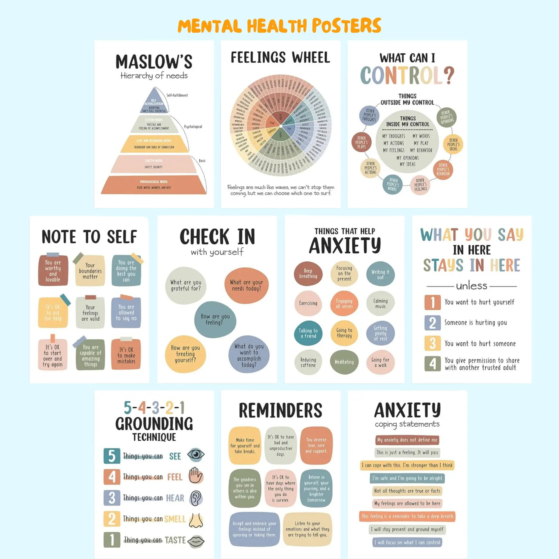 Mental Health Posters Set -  Inspirational Quotes for School Counselors Therapy Offices & Young Adults Emotional Control Awareness Decor
