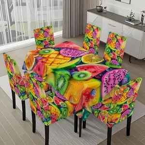 5/7-piece 2D Flat Printing Colorful Fruit Slices Diagram Printing Pattern Tablecloth and Chair Cover Set, for dining table and chair decoration, perfect for home, holiday gatherings, restaurants, and parties.