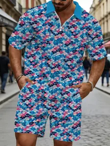 Men's Vintage Plaid Zipper Waffle Texture Polo Shirt & Shorts Set, Colorful Scale All over Print Casual Summer