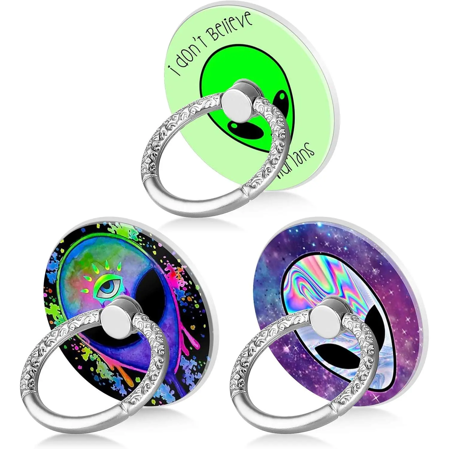 Bonoma Phone Ring Grip, 3 Pack Aliens 360 Degree Rotation 180 Degree F Finger Ring Stand Holder Compatible with Smartphones and Tablets