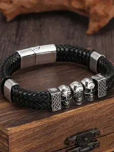 Vintage Viking Totem Skull Bracelet, Punk Style Leather Rope Dual Circle Wristband, Nordic Viking, Dark Punk, Retro Hip Hop Fashion Accessory