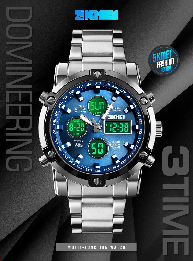 SKMEI Men's Fashion Multi-Functional Sports Wristwatch - 48mm Round Face Metal Case, 30M Waterproof Wrist Watch, Stainless Steel Strap, 3 Time Zones, Night Light, Dual Time Display, Timer, Calendar, Alarm, Men's Accessories, Guys Gifts