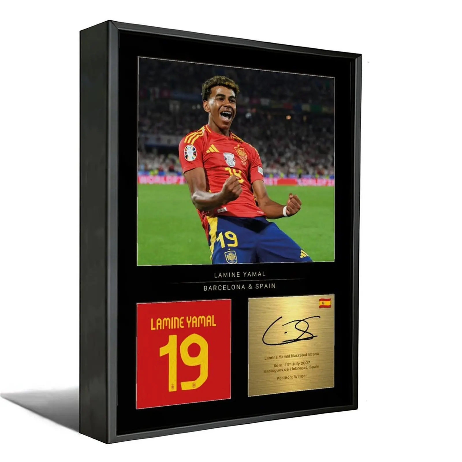 Lamine Yamal #19 Spain Barcelona Signed Jersey Canvas Wall Art, Gold Foil Replica Autograph Football Soccer Star Poster, Collectible Sports Decor for Man Cave Bedroom Office, Framed Unframed Multiple Sizes