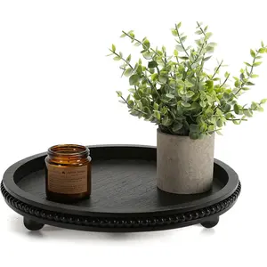Wooden Beaded Decor Tray for Coffee Table Rustic Wooden Trays Centerpieces Decorative Serving Tray for Home Kitchen Farmhouse Decor Round Black
