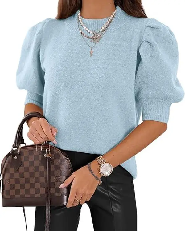 Women's Basic Comfortable Knitted Puff Sleeve Top - Solid Color Crew Neck Lightweight Viscose Blend Pullover for Going Out, Office OOTD & OOTD Ideas, Style Inspo, Dress Casual, Wardrobe Staples, Fashion Inspiration, Ready To Wear, Fabric, Polyester, Lady,