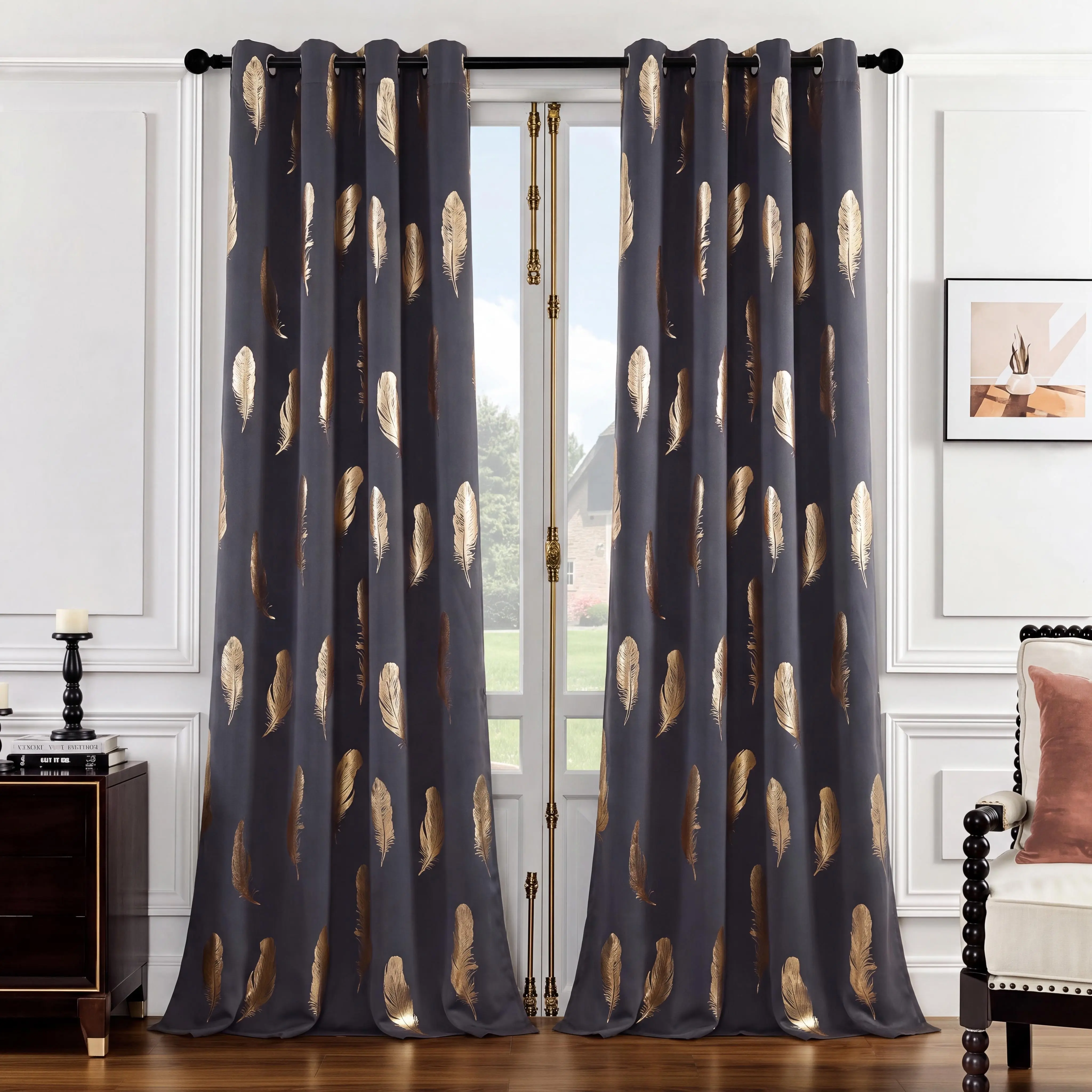 Privacy Grommet Curtains - 2-Panel Foil Metallic Feather Print Full Blackouts Upgrade Curtain, 52"x84" Plain Weave Wrinkle Resistant, French Country Home Decor Drapes, Noise Reduction for Apartments, QF536, Blackout Covers, Foil Metallic Finish Adds Luxe