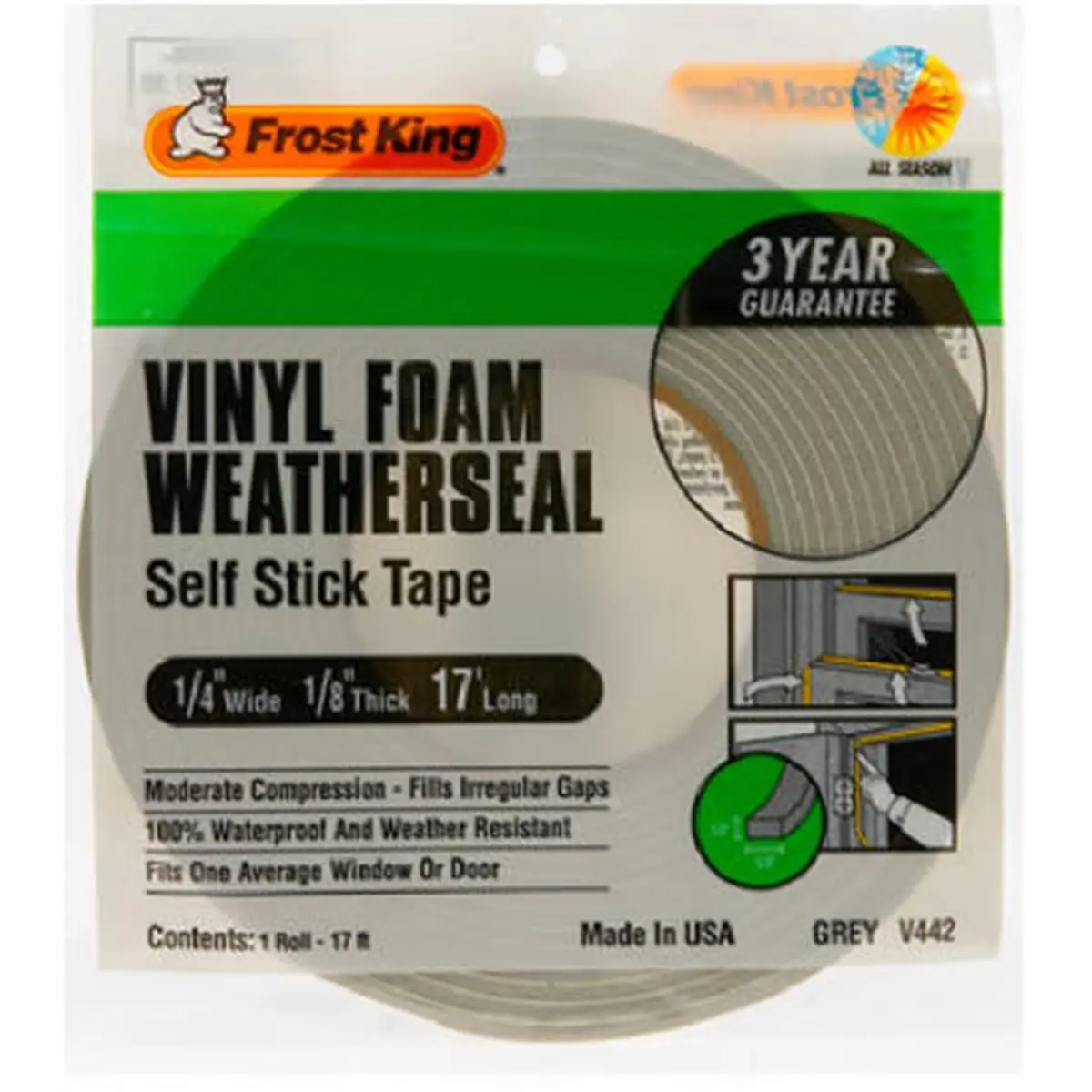 212 MAIN Thermwell V442H Self-Stick Closed Cell Foam Weather-Strip Tape, Gray, 0.25x0.12 in., Waterproof Weather Sealing for DIY Projects, Self-Stick Tape