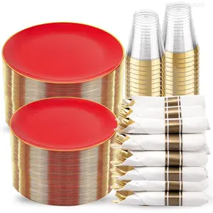350PCS Red Plastic Plates - Heavy Duty Red Plates Disposable - 50Guest Christmas Dinnerware Include 50Dinner Plate,50Dessert Plate,50Pre Rolled Napkins with Silverware for Christmas&PartyFFSummitSupply7