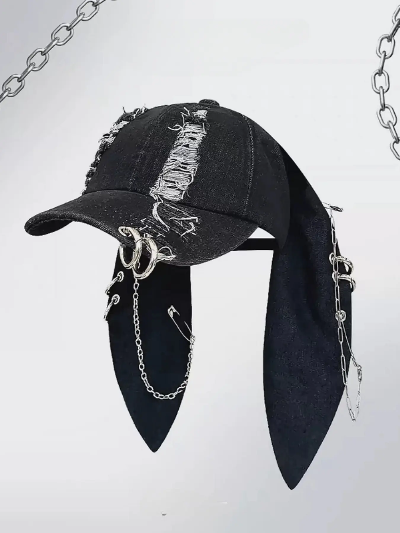 Unisex Wasteland Style Bunny Ear Baseball Cap, Cool Hat, Statement Cap, Adjustable Snapback, Punk Denim Trucker Hat with Chain, Streetwear Hip Hop Costume for Halloween Party