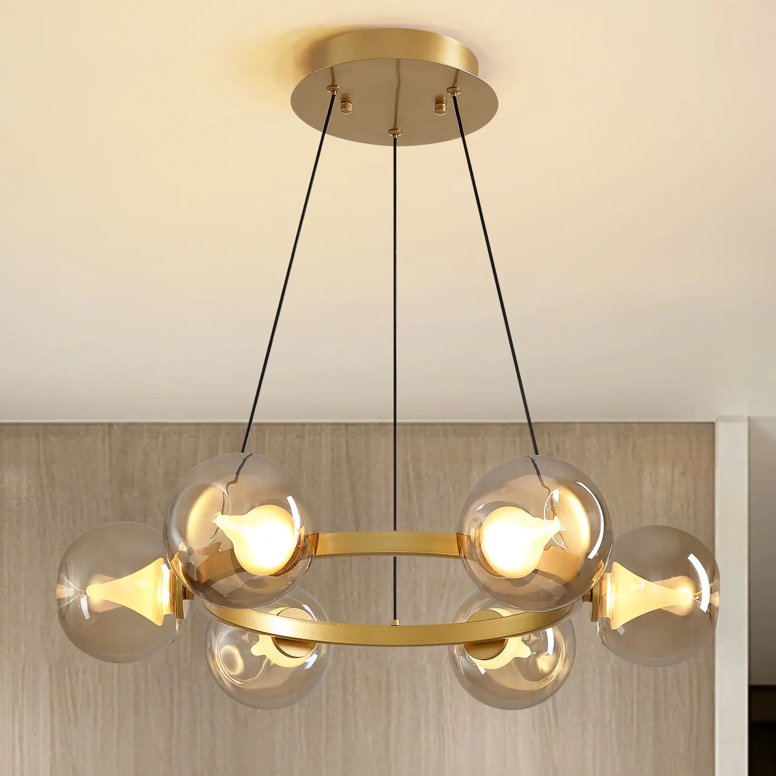 6-Light Contemporary Round Glass Globe Chandelier Complete Kit, Mid-Century Modern LED Dimmable Hanging Pendant, Ambient Decor Lighting Fixture for Dining Room (D23.6in) with Dimmable Warm White Decorative Lights