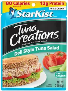 Tuna Creations Deli Style Tuna Salad, 3 oz Pouch (1 Pack) Ready to Eat Wild Caught Tuna, 13g Protein, 80 Calories Per Serving, Gluten Free, Soy Free, Kosher, Perfect for Meals and Snacks