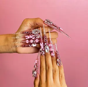 10Pcs Handmade Nails.Dazzling Pink Stiletto Press-On Nails, Transparent & Shocking Pink Base, Large Marquise & Oval Gems, Ribbon & Rhinestone Decor, Extra Long Pointed Tips, Luxury Party & Special Event Nails