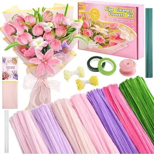 Pipe Cleaners Craft  Kit 791 count, 400 count 7 Colors 8mm Fuzzy Pipe Cleaners Bulk (Tulips/ Lilies), 360 count Stamen, Chenille Stems for DIY Flower Making Kit Crafts, Floral Stems & Tape & Ribbon