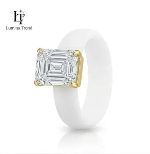 White Silicone Ring with Emerald-Cut Clear Zircon Stone Gold-Tone Prong Setting for Daily Wear & Special Occasions