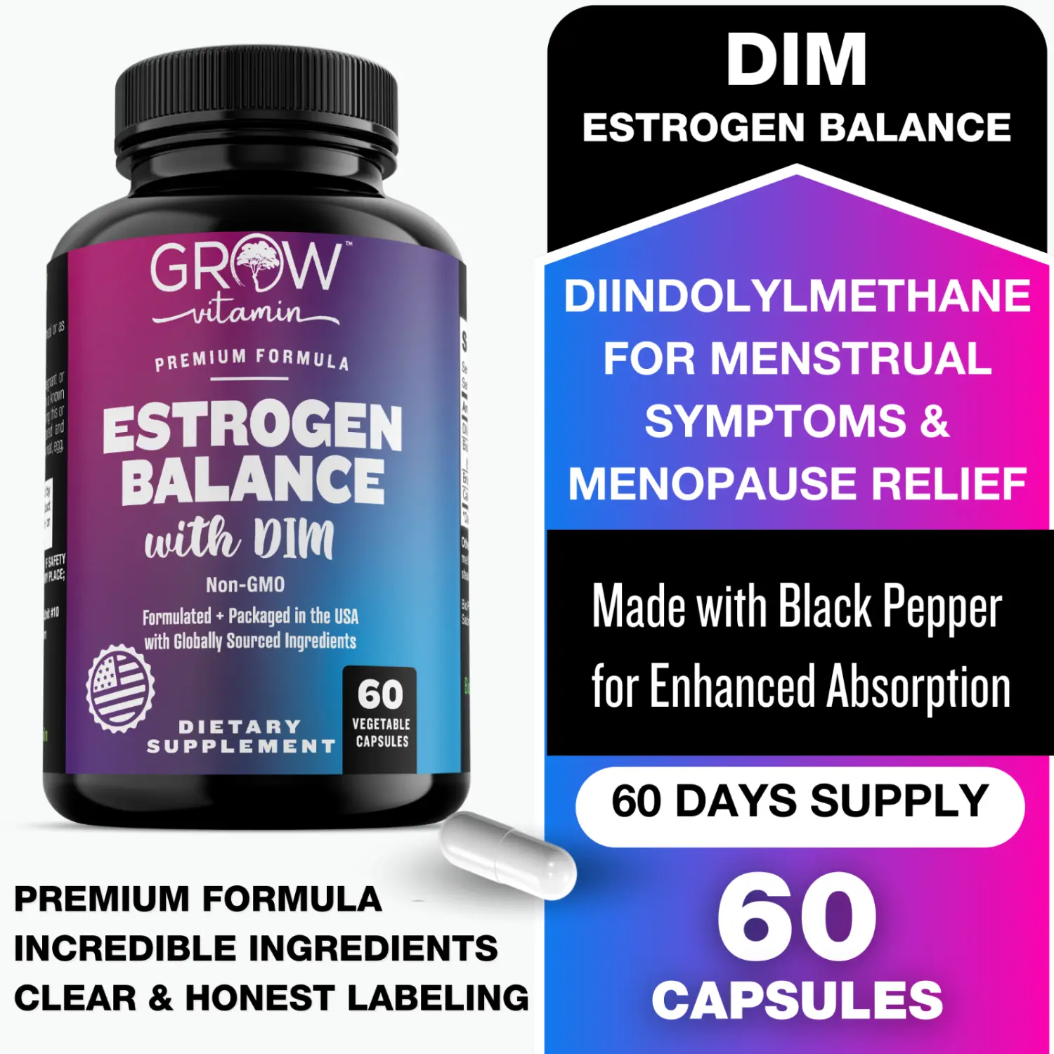 DIM (Diindolylmethane) Dietary Supplement Capsules - 300mg, with BioPerine, 60 Count, Dietary Supplements