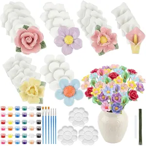 24 Set  DIY Flower Ceramics to  Kit Ready to  Your Own Flower Figurines Unpainted Ceramics Spring Painting Statues Crafts for Adult Party Favor