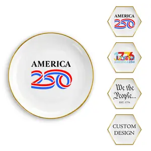 America 250 Circle Trinket Tray Dish – Officially Licensed Commemorative 250th Anniversary – Ceramic with Gold Rim, Jewelry & Keepsake Holder