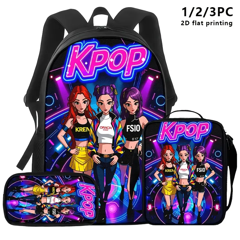 3pcs Korean Pop Themed 3-In-1 Backpack Set - Backpack, Shoulder Bag, Pencil Case, Oxford Fabric with Zipper Closure, Vibrant Stage-Ready Neon Lighting Effect, Ideal for Daily Commutes, Concerts, 3-In-1 Backpacks