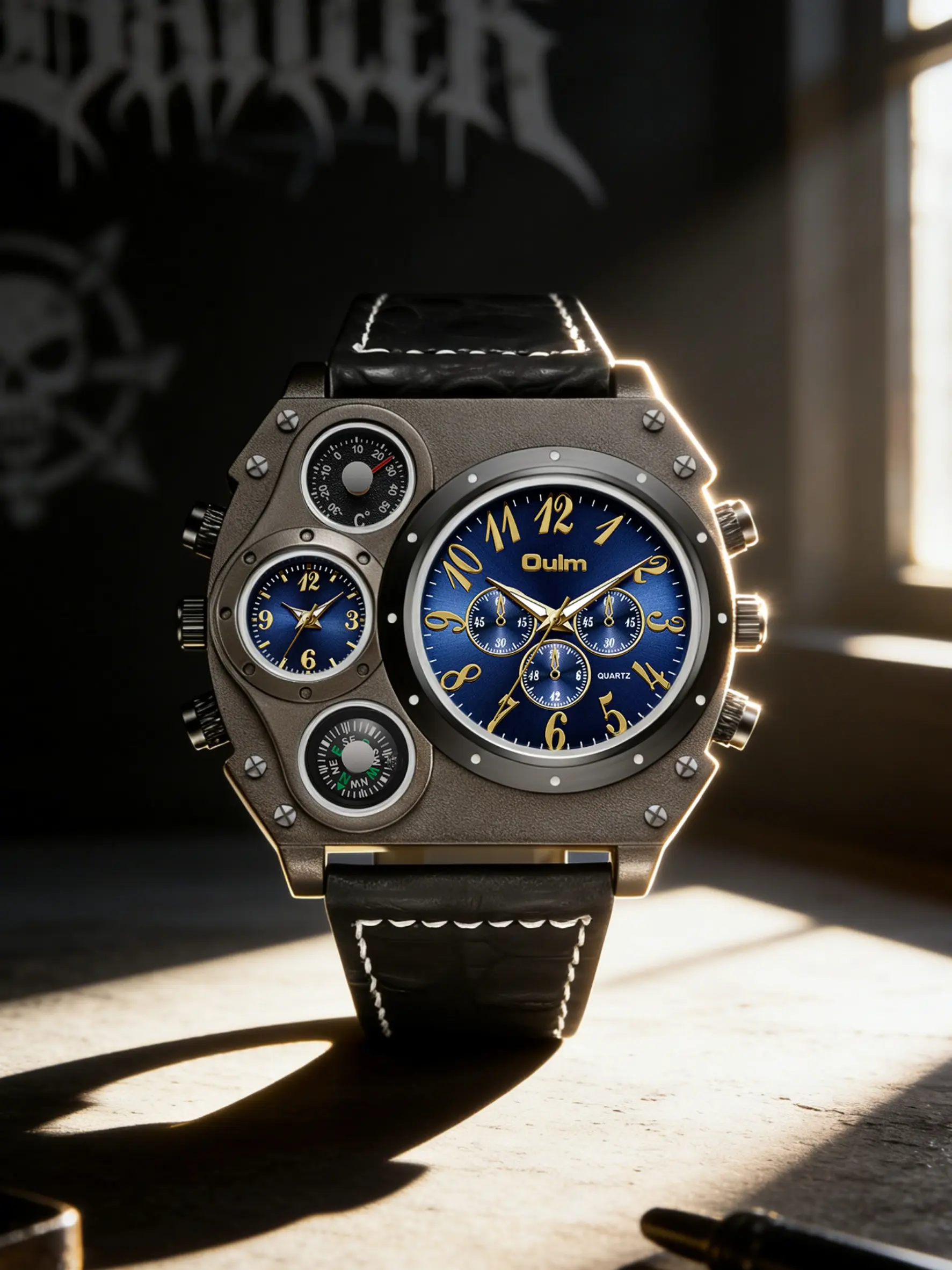Steampunk Vintage Industrial Multifunction Watch, Analog Quartz Watch, Asymmetric Silver Color Alloy Case, Crocodile Leather Strap, Fashion Timepiece, Urban Fashion Wristwatch